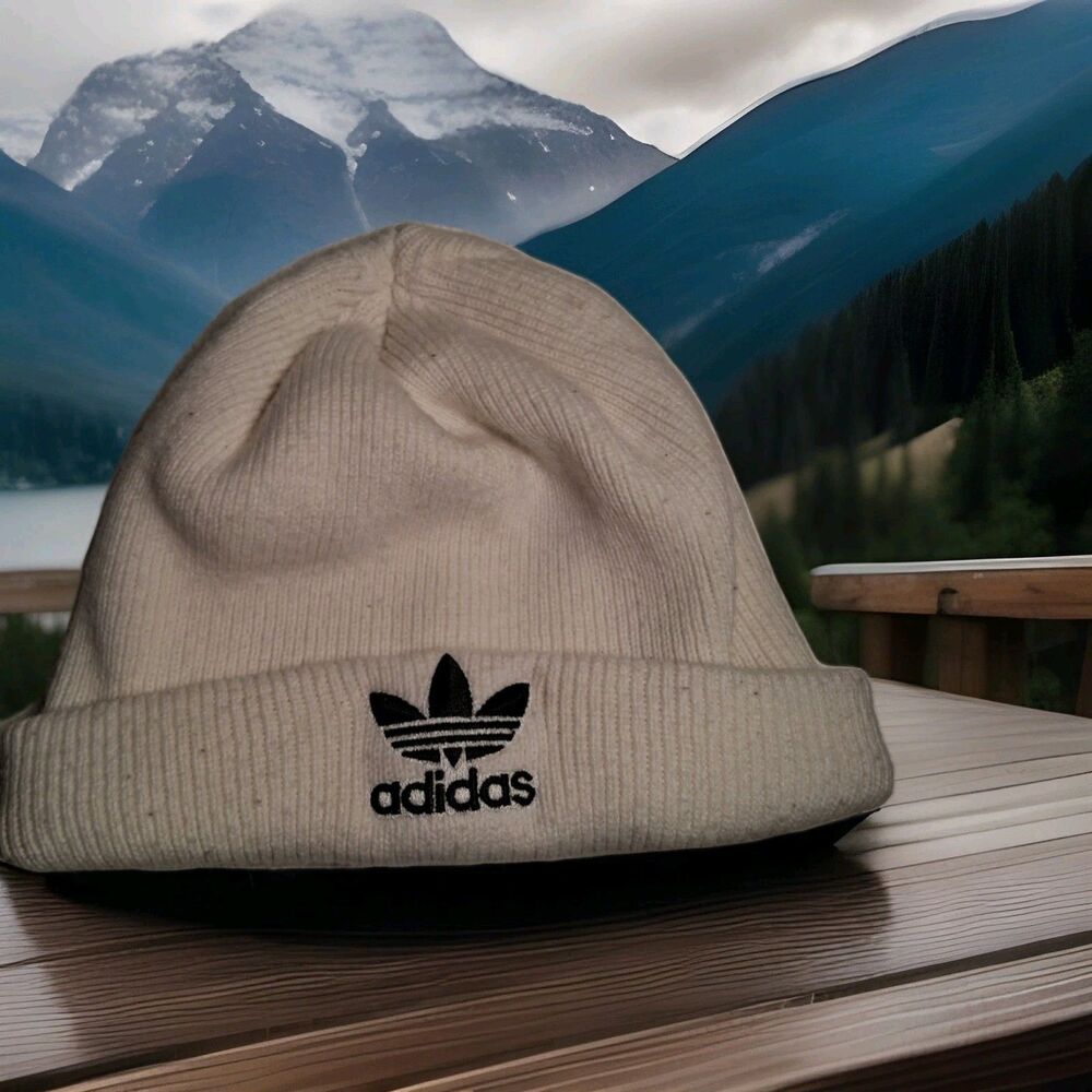 ADIDAS Trefoil Knit Beanie Winter Hat White/Cream Black Embroidered OSFM